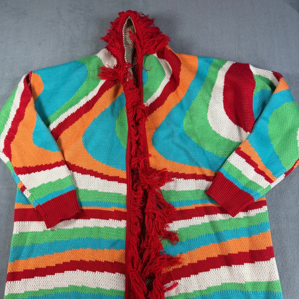 Dee Elly Multi Color Psychedelic Fringe Hooded Cardigan Sweater Lips Graphic Med